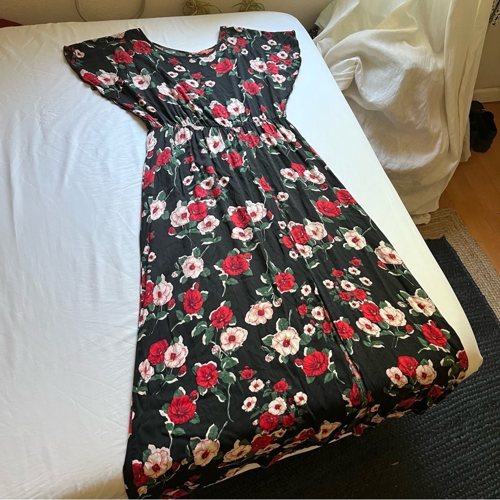 MODCLOTH black red pink‎ rose floral print flutter sleeveless maxi midi dress